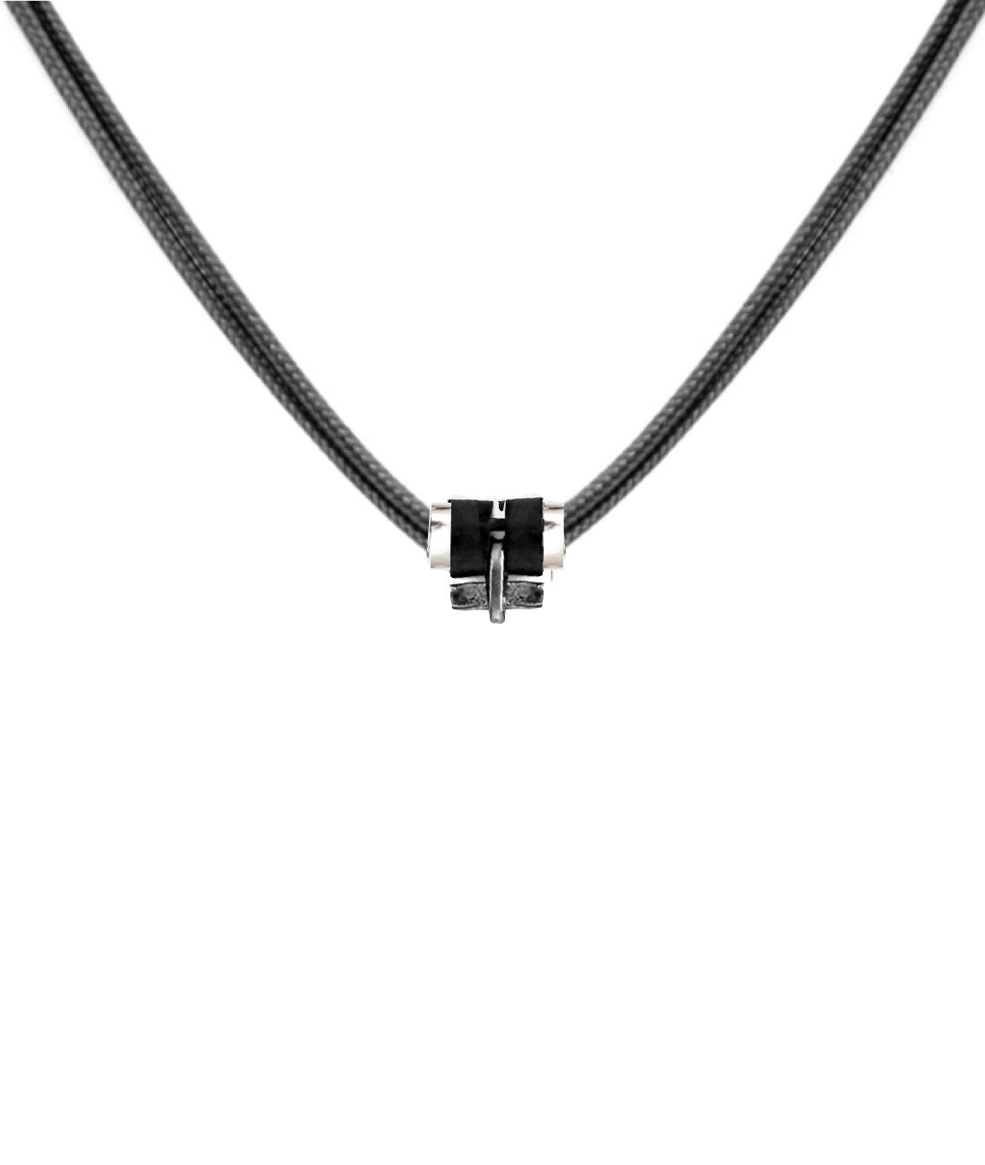Parachute cord necklace in white gold with a T bar, accented with gold and sustainable horn links. Unisex, refined, and waterproof—precious yet made to be worn every day.
