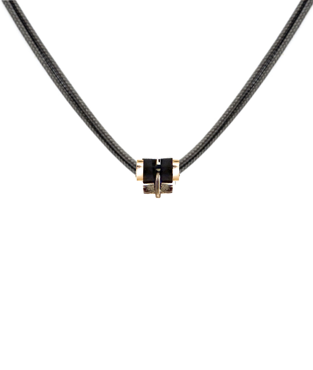Parachute cord necklace in yellow gold with a T bar, accented with gold and sustainable horn links. Unisex, refined, and waterproof—precious yet made to be worn every day.