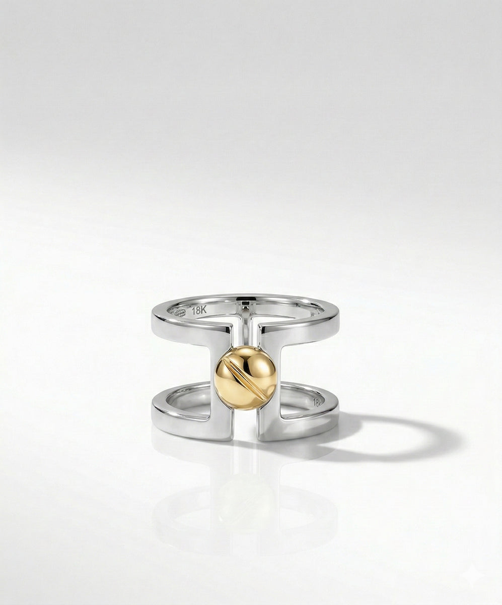 Architectural sterling silver band with 18k yellow gold screw detail - Celine Ring by ZADEH NY
