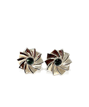 Elegant Cassimir cufflinks in sterling silver with a striking turbine-inspired design and deep green gemstone center. Luxury men's jewelry by ZADEH, handcrafted for timeless sophistication.