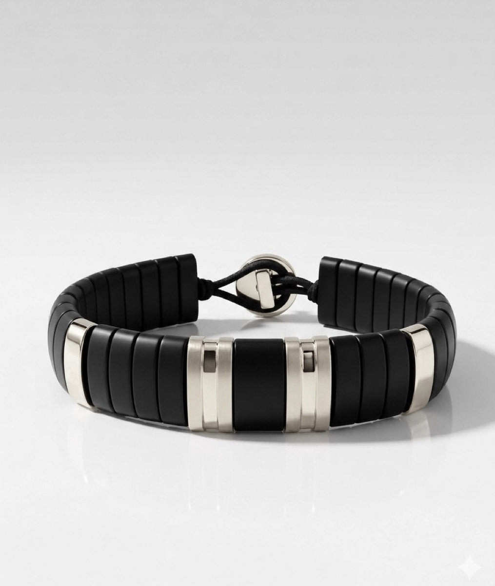 ZADEH NY GRANT HORN GOLD wide link bracelet featuring sustainable black buffalo horn and 10K white gold accents on a white background.