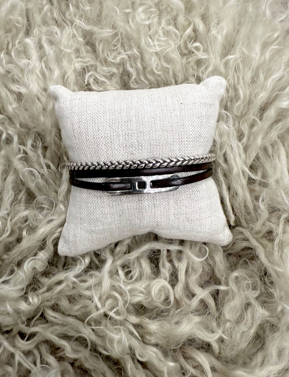 Handcrafted leather and silver men’s bracelet stack. The Harris + Hugo is rugged, refined, and made for the modern man. Designed in NYC.