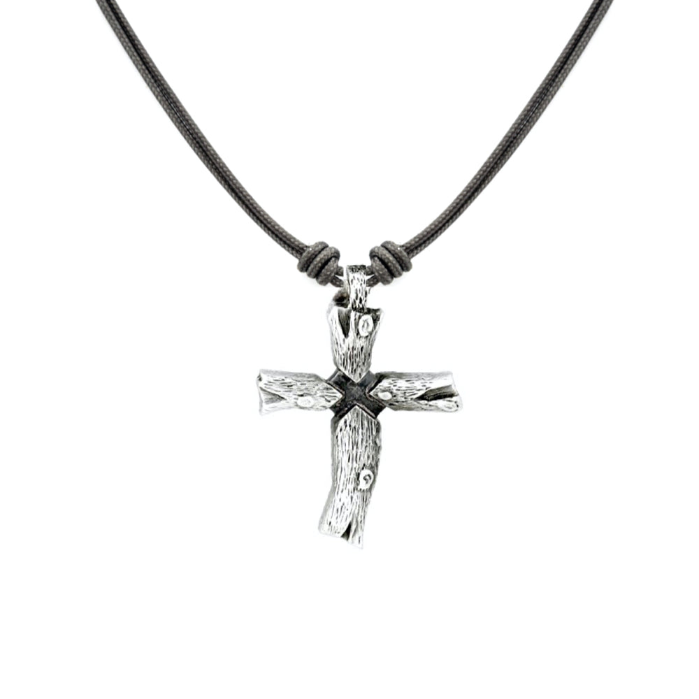 Large sterling silver cross on cord with bark texture