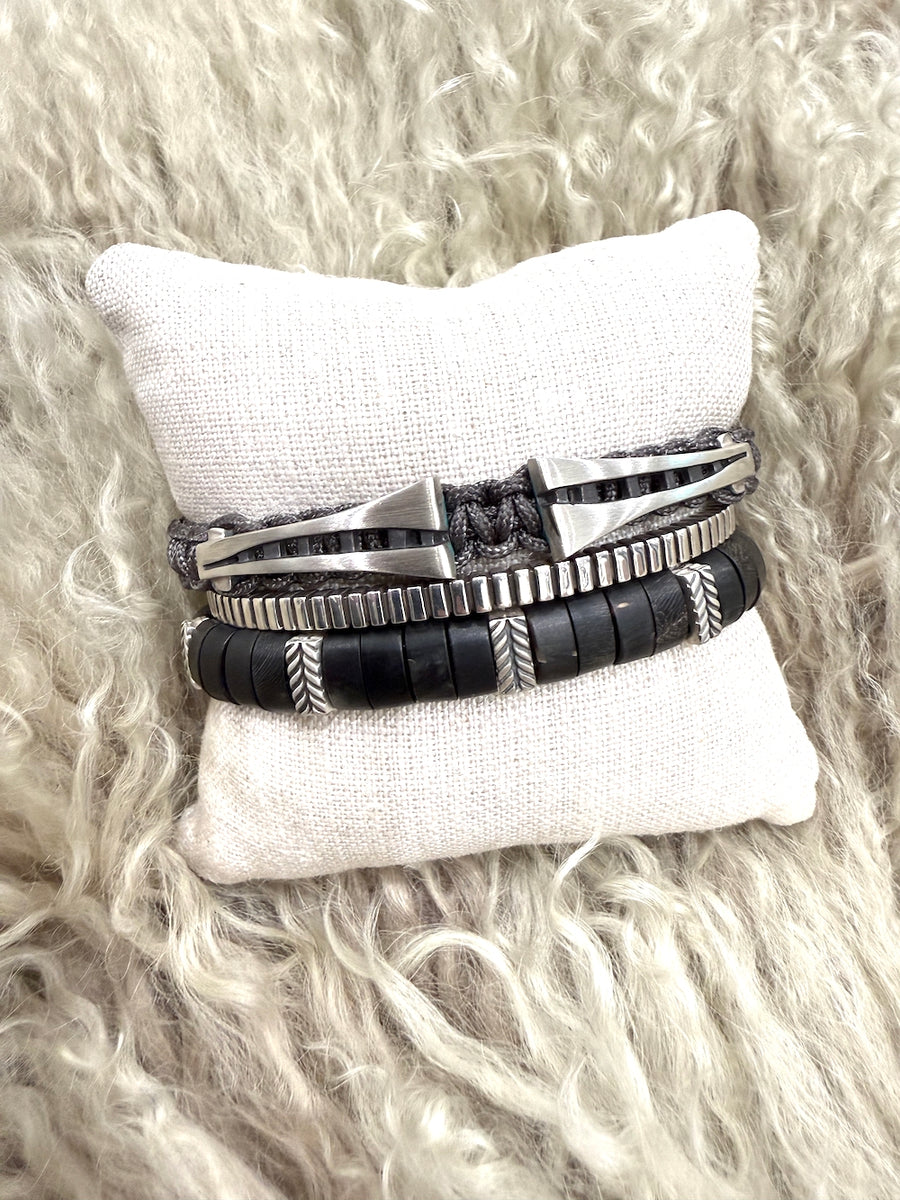 Mescal Stack — sterling silver men's bracelet stack with Mescal, Pegasus Cuff, and Leandro horn links, handcrafted in New York by ZADEH NY