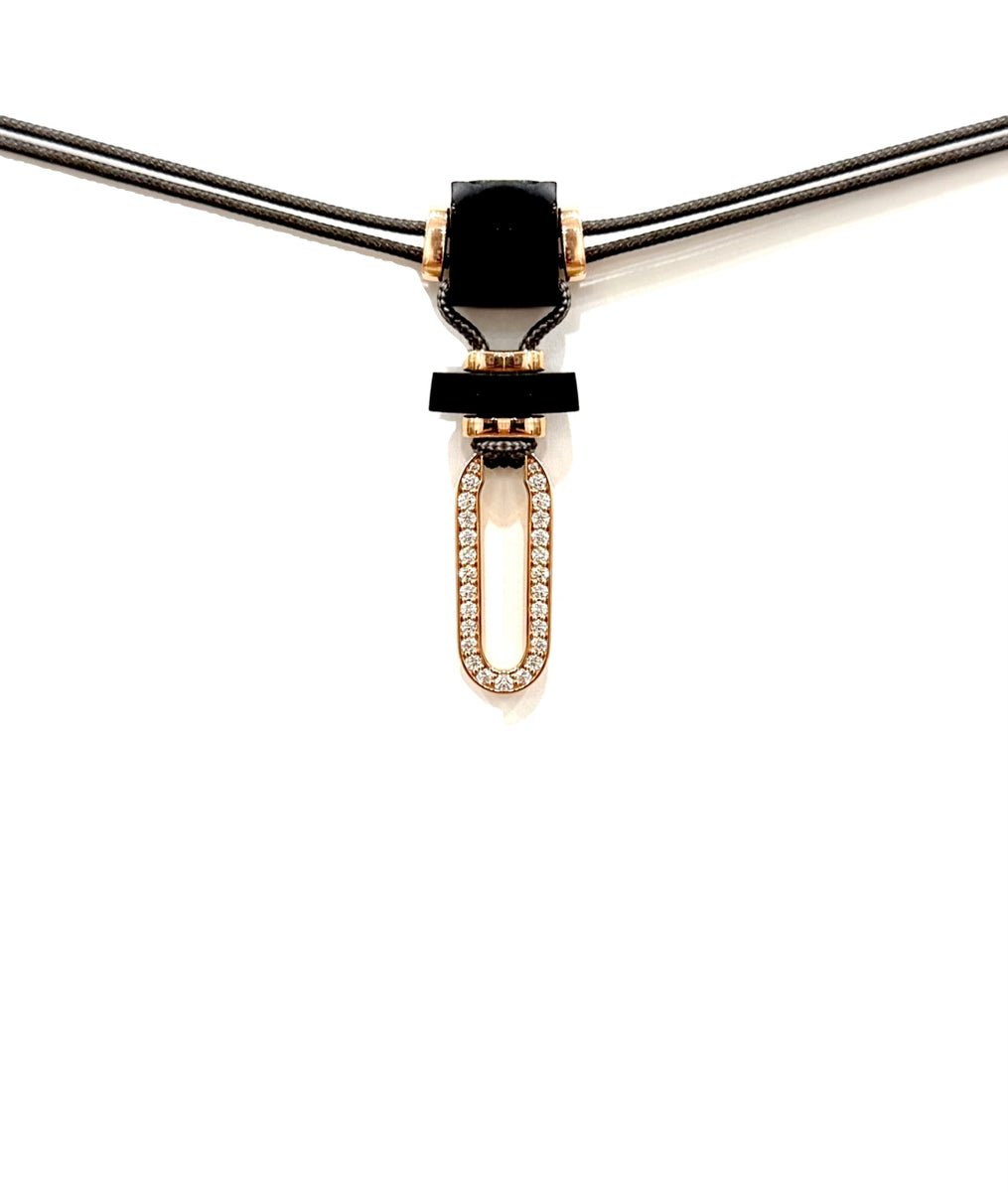  Niru Horn necklace in 18k rose gold — oblong pavé diamond pendant suspended from hand-cut horn on grey parachute cord, white background