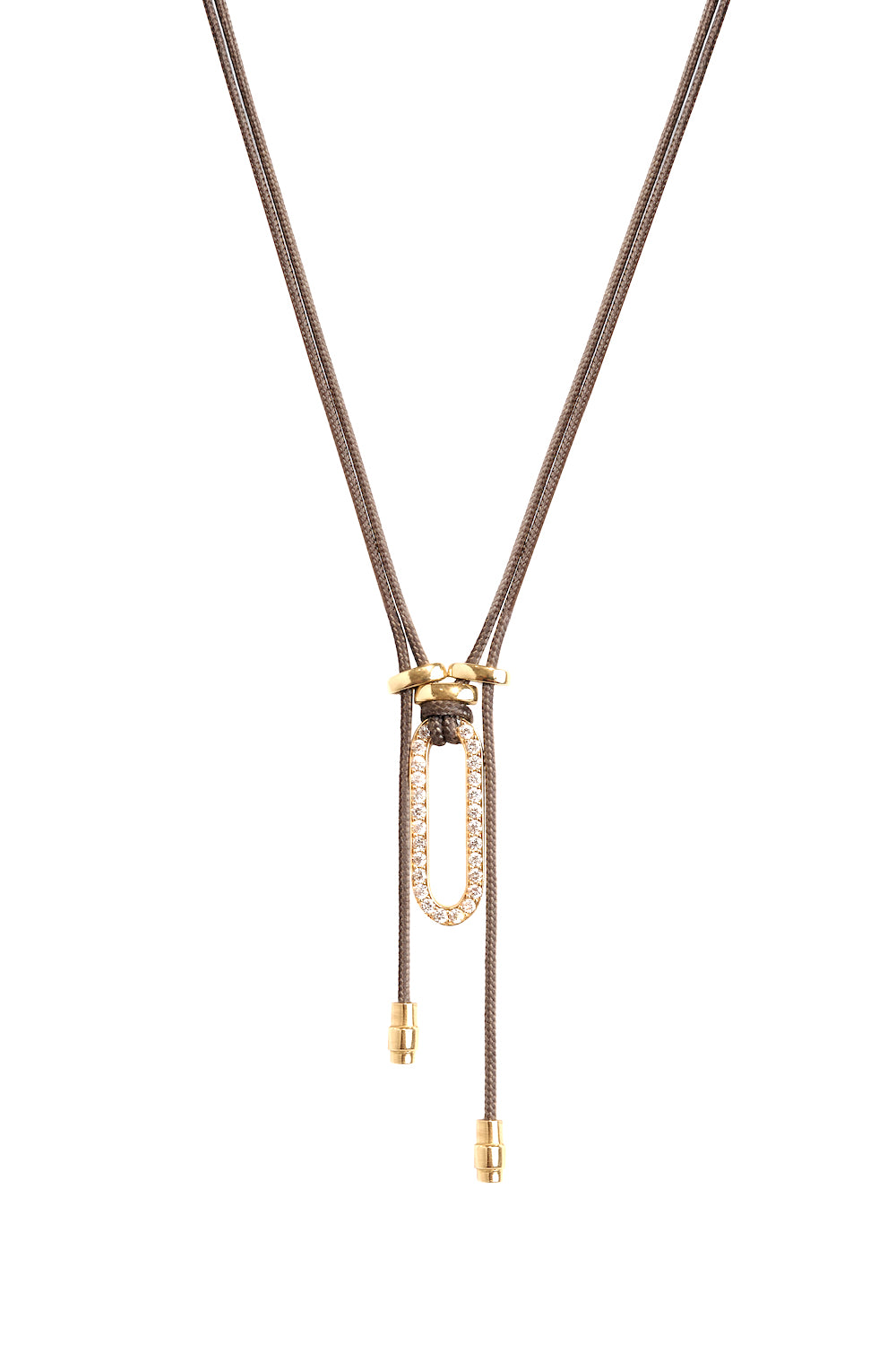 Niru Pendant – 18kt gold oval link pendant with diamonds on gray parachute cord, handmade women’s jewelry by ZADEH