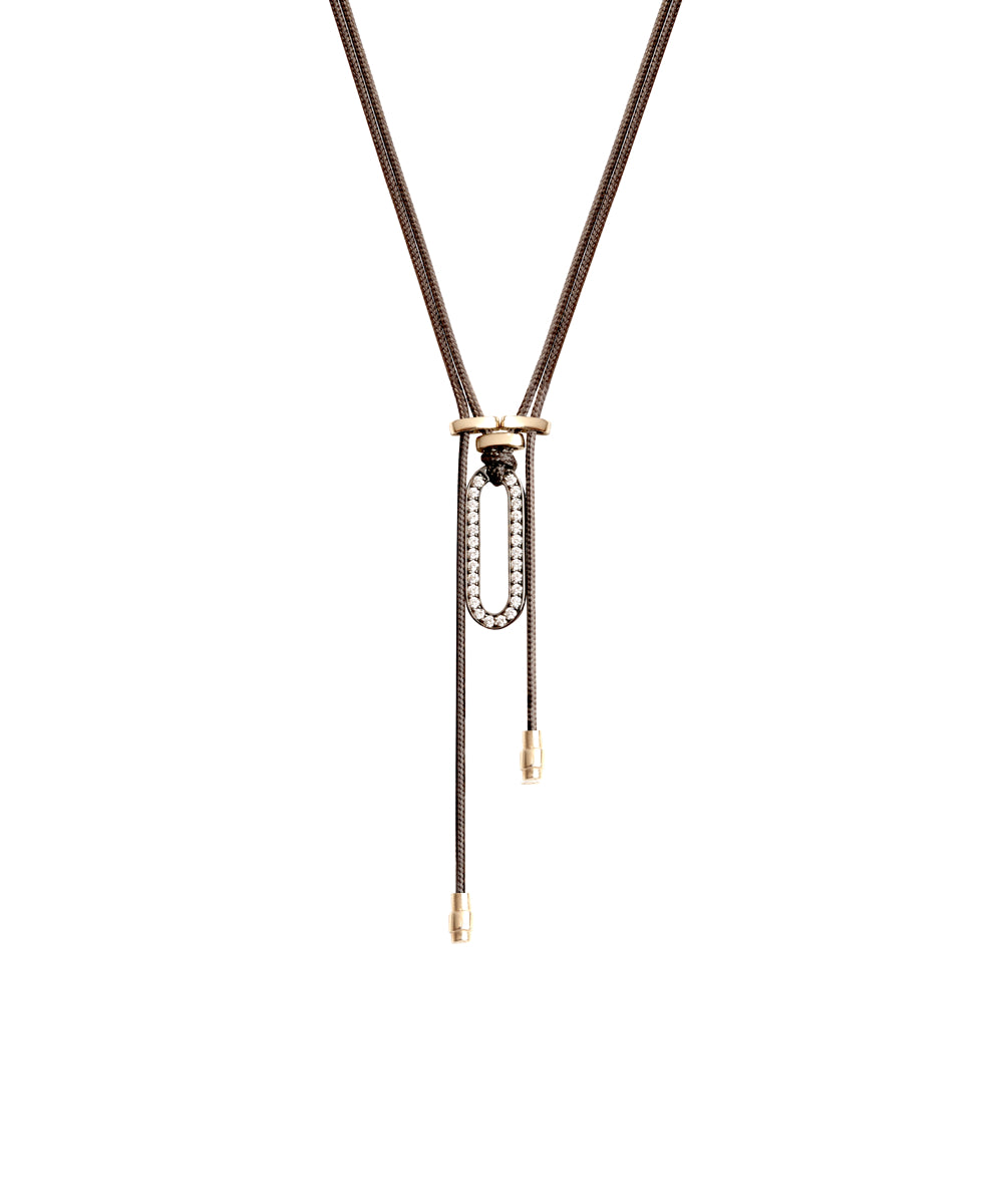 Niru Pendant – 18kt gold oval link pendant with diamonds on gray parachute cord, handmade women’s jewelry by ZADEH