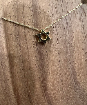 
Tiny Star of David necklace in 18k gold on a delicate chain, displayed on a wooden background. Elegant and meaningful Jewish jewelry by ZADEH.

